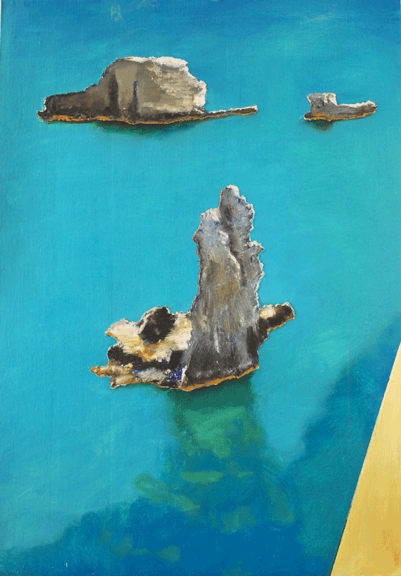Painting made from cut wooden fragments of Three Rocky Outcrops in the Sea